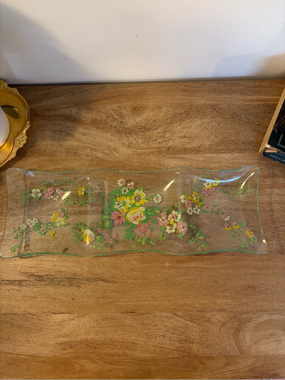 Mid century Dorthy Thorpe floral 3 section tray - art glass floral serving tray